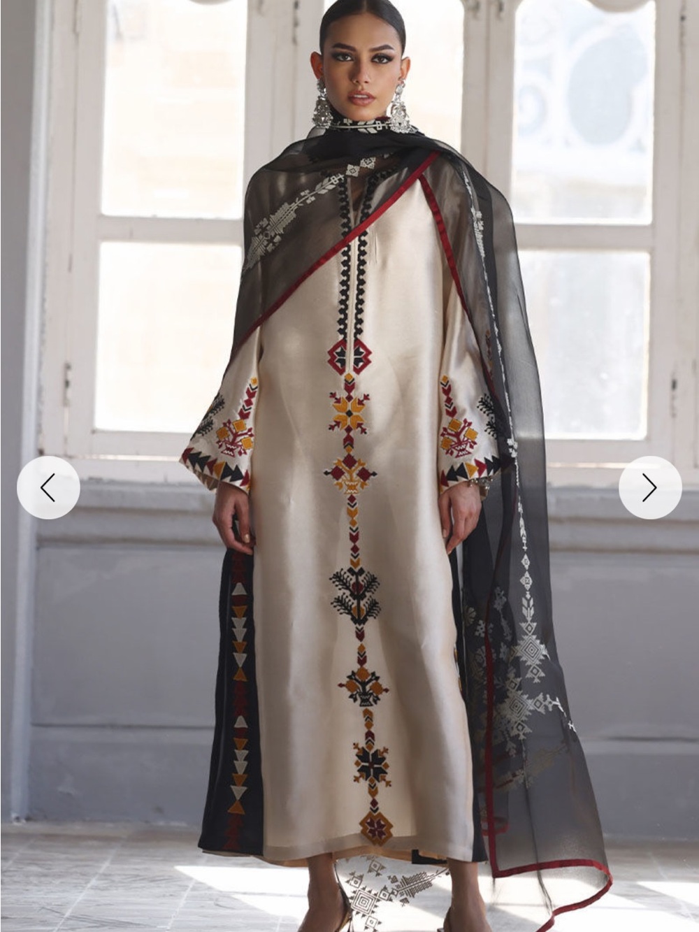 Embroidered Cream Midi Dress with Black Sheer Dupatta